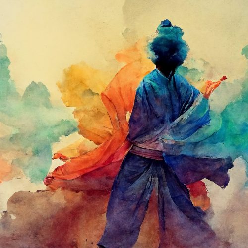 Tai chi master in the flow of color and harmony, spirit and mindfullness
